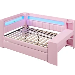 Lit Gigogne 140x200 cm - Lit Double Rembourré avec LED et Ports USB, Bureau Intégré, sans Matelas - MDF Rose><noscript><img width=