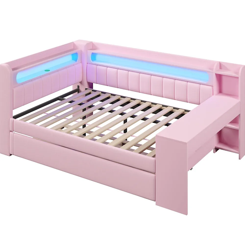 Lit Gigogne 140x200 cm - Lit Double Rembourré avec LED et Ports USB, Bureau Intégré, sans Matelas - MDF Rose>Okwish Sale