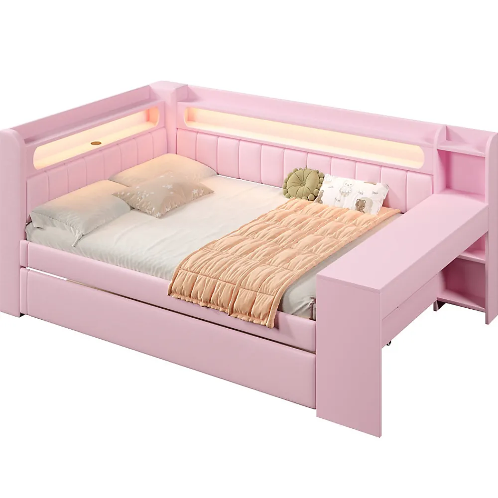 Lit Gigogne 140x200 cm - Lit Double Rembourré avec LED et Ports USB, Bureau Intégré, sans Matelas - MDF Rose>Okwish Sale