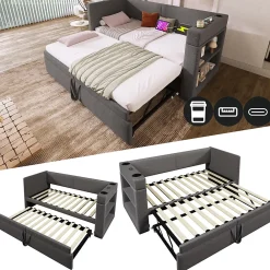 Okwish Lit Gigogne 90x200 cm - Lit Enfant avec Ports USB et Type-C, Porte-Gobelet, sans Matelas, Tissu Lin, Gris* Lit Gigogne