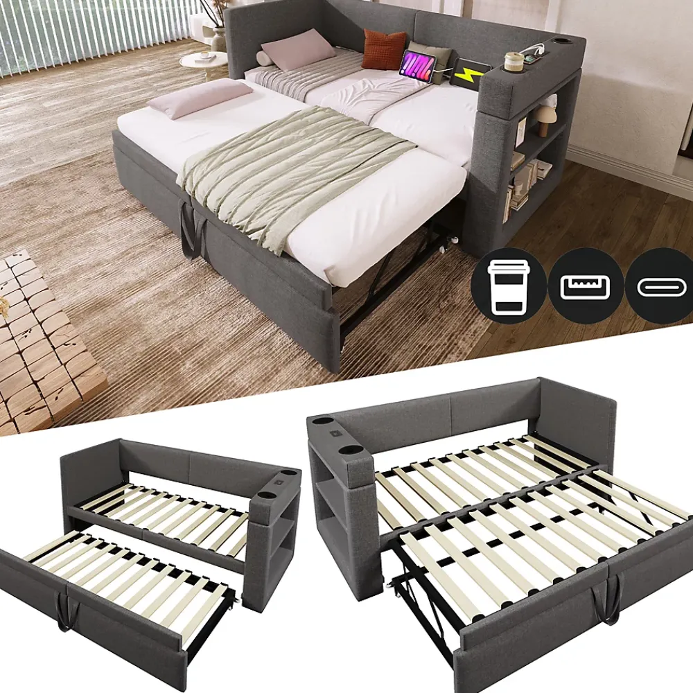 Okwish Lit Gigogne 90x200 cm - Lit Enfant avec Ports USB et Type-C, Porte-Gobelet, sans Matelas, Tissu Lin, Gris* Lit Gigogne