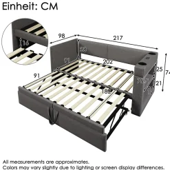 Okwish Lit Gigogne 90x200 cm - Lit Enfant avec Ports USB et Type-C, Porte-Gobelet, sans Matelas, Tissu Lin, Gris* Lit Gigogne