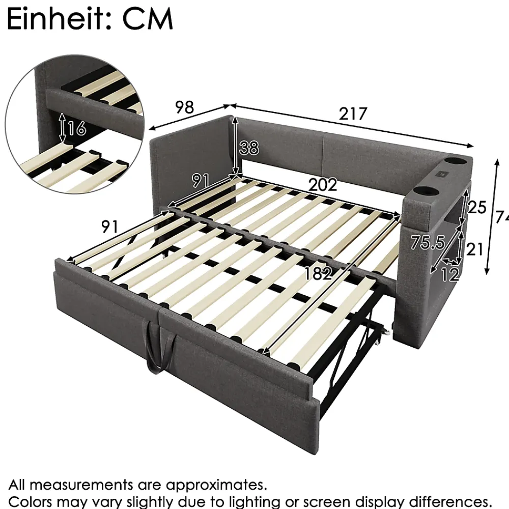 Okwish Lit Gigogne 90x200 cm - Lit Enfant avec Ports USB et Type-C, Porte-Gobelet, sans Matelas, Tissu Lin, Gris* Lit Gigogne