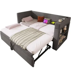 Okwish Lit Gigogne 90x200 cm - Lit Enfant avec Ports USB et Type-C, Porte-Gobelet, sans Matelas, Tissu Lin, Gris* Lit Gigogne