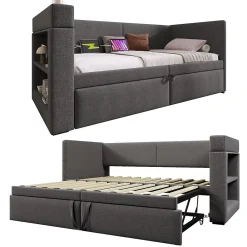 Okwish Lit Gigogne 90x200 cm - Lit Enfant avec Ports USB et Type-C, Porte-Gobelet, sans Matelas, Tissu Lin, Gris* Lit Gigogne