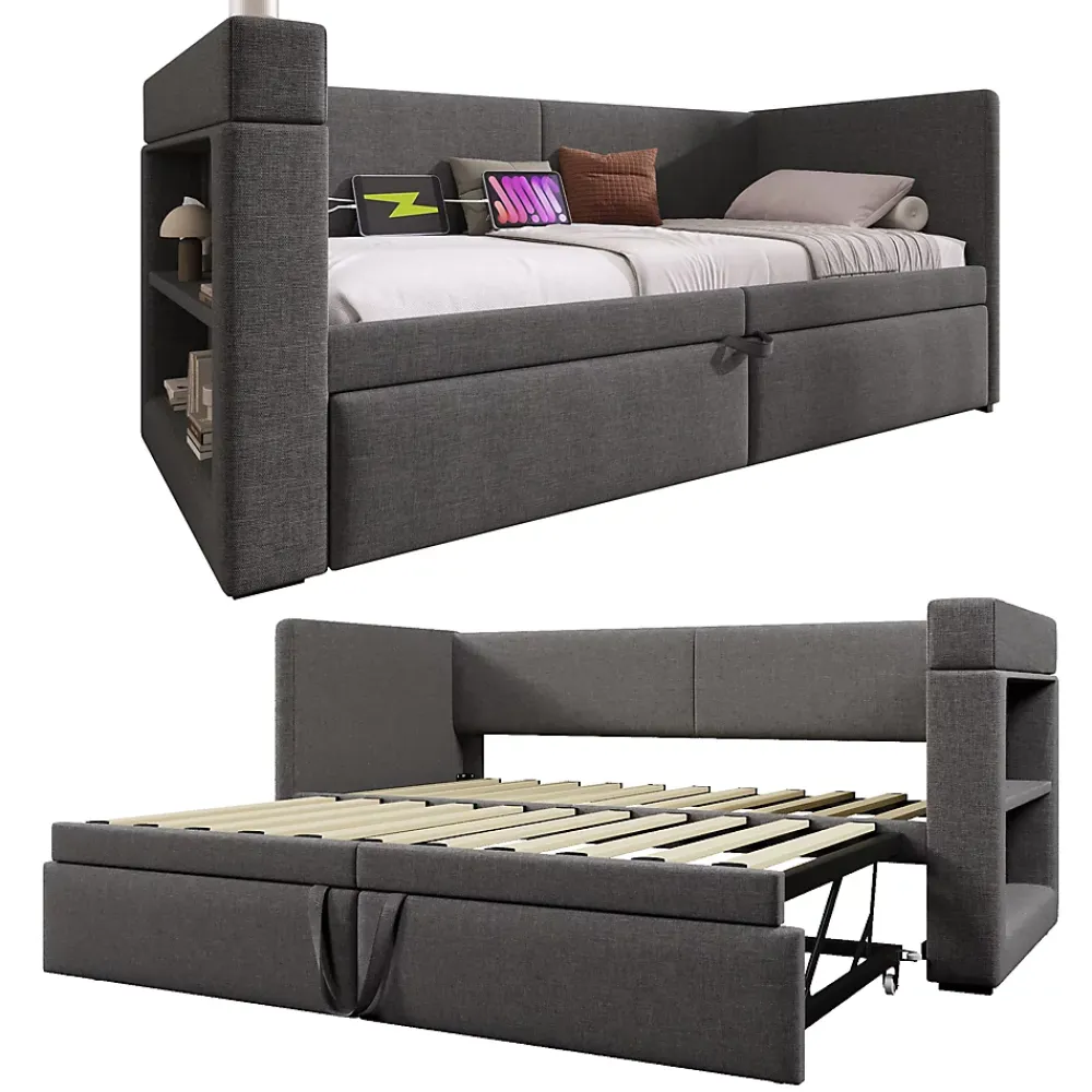 Okwish Lit Gigogne 90x200 cm - Lit Enfant avec Ports USB et Type-C, Porte-Gobelet, sans Matelas, Tissu Lin, Gris* Lit Gigogne