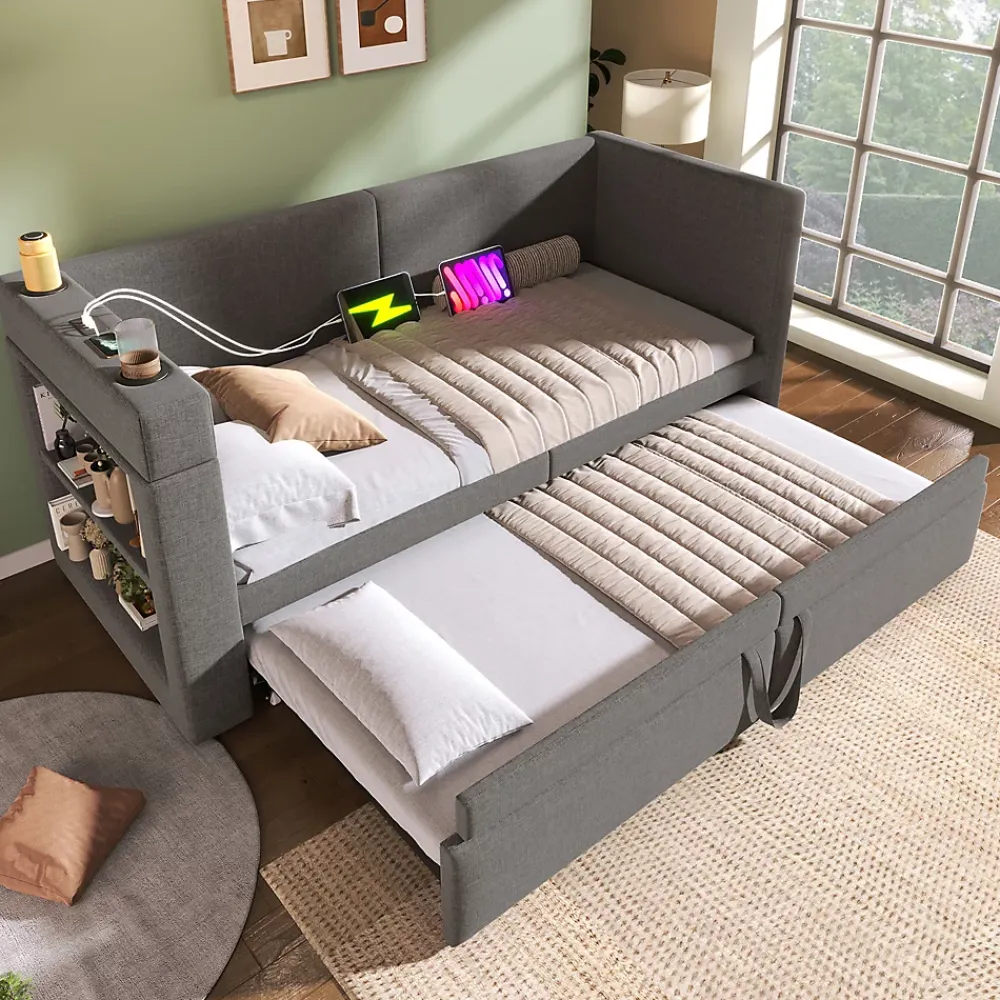 Okwish Lit Gigogne 90x200 cm - Lit Enfant avec Ports USB et Type-C, Porte-Gobelet, sans Matelas, Tissu Lin, Gris* Lit Gigogne