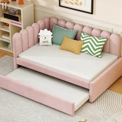 Lit Gigogne 140x200 cm - Lit Enfant Velours avec Rangement et Lit Extensible L-Forme, Sans Matelas, Rose>Okwish Outlet