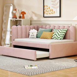 Lit Gigogne 140x200 cm - Lit Enfant Velours avec Rangement et Lit Extensible L-Forme, Sans Matelas, Rose>Okwish Outlet