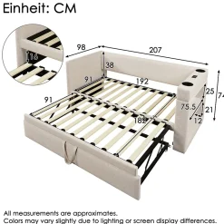 Okwish Lit Gigogne 90x190 cm - Lit Enfant avec Ports USB et Type-C, Porte-Gobelet, sans Matelas, Tissu Lin, Beige* Lit Gigogne