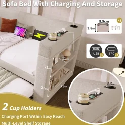 Okwish Lit Gigogne 90x190 cm - Lit Enfant avec Ports USB et Type-C, Porte-Gobelet, sans Matelas, Tissu Lin, Beige* Lit Gigogne