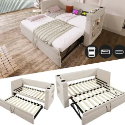 Okwish Lit Gigogne 90x190 cm - Lit Enfant avec Ports USB et Type-C, Porte-Gobelet, sans Matelas, Tissu Lin, Beige* Lit Gigogne