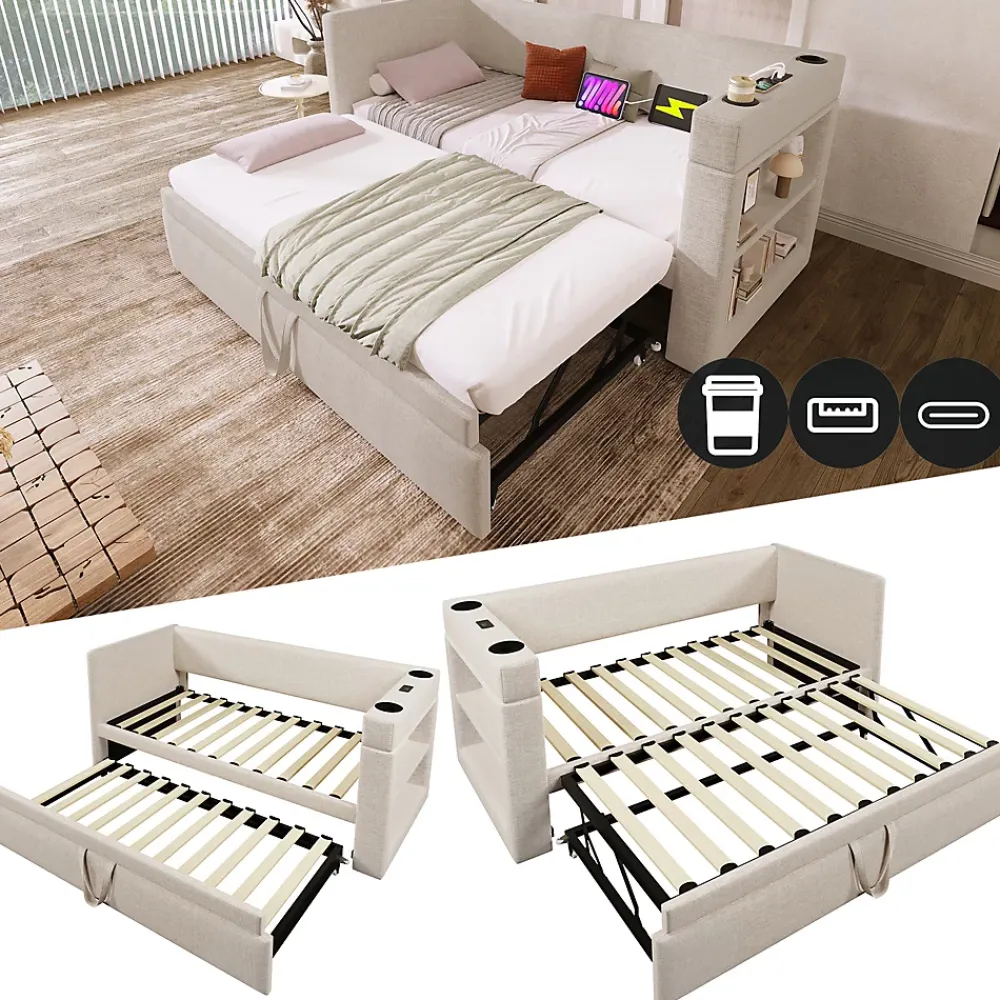 Okwish Lit Gigogne 90x190 cm - Lit Enfant avec Ports USB et Type-C, Porte-Gobelet, sans Matelas, Tissu Lin, Beige* Lit Gigogne