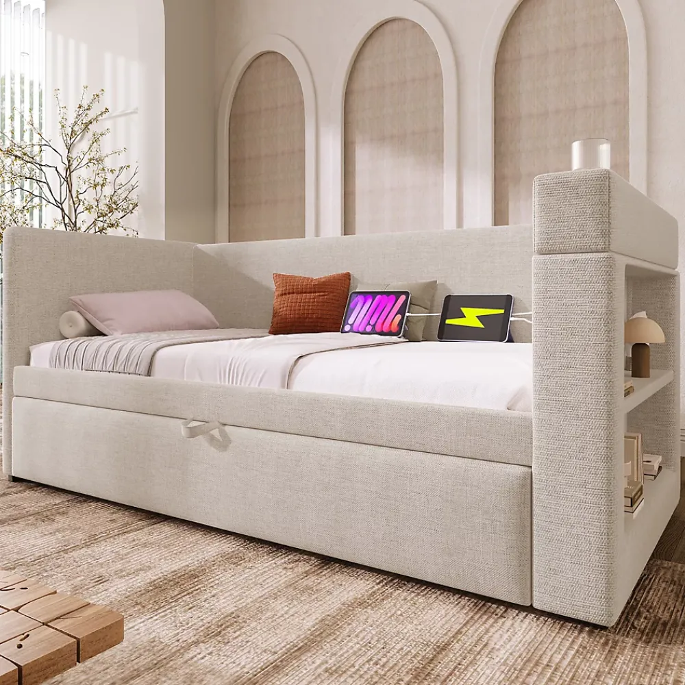 Okwish Lit Gigogne 90x190 cm - Lit Enfant avec Ports USB et Type-C, Porte-Gobelet, sans Matelas, Tissu Lin, Beige* Lit Gigogne