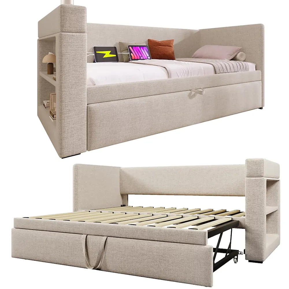 Okwish Lit Gigogne 90x190 cm - Lit Enfant avec Ports USB et Type-C, Porte-Gobelet, sans Matelas, Tissu Lin, Beige* Lit Gigogne