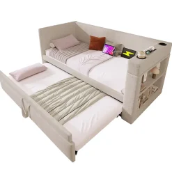 Okwish Lit Gigogne 90x190 cm - Lit Enfant avec Ports USB et Type-C, Porte-Gobelet, sans Matelas, Tissu Lin, Beige* Lit Gigogne