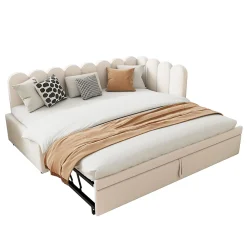 Okwish Lit Gigogne 90x200 cm - Lit Enfant Velours avec Rangement et Lit Extensible, 2-en-1 Multifonction, Sans Matelas, Beige* Lit Gigogne