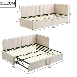 Okwish Lit Gigogne 90x200 cm - Lit Enfant Velours avec Rangement et Lit Extensible, 2-en-1 Multifonction, Sans Matelas, Beige* Lit Gigogne