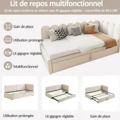 Okwish Lit Gigogne 90x200 cm - Lit Enfant Velours avec Rangement et Lit Extensible, 2-en-1 Multifonction, Sans Matelas, Beige* Lit Gigogne