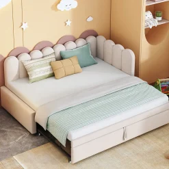 Okwish Lit Gigogne 90x200 cm - Lit Enfant Velours avec Rangement et Lit Extensible, 2-en-1 Multifonction, Sans Matelas, Beige* Lit Gigogne