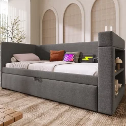 Okwish Lit Gigogne 90x190 cm - Lit Enfant avec Ports USB et Type-C, Porte-Gobelet, sans Matelas, Tissu Lin, Gris* Lit Gigogne