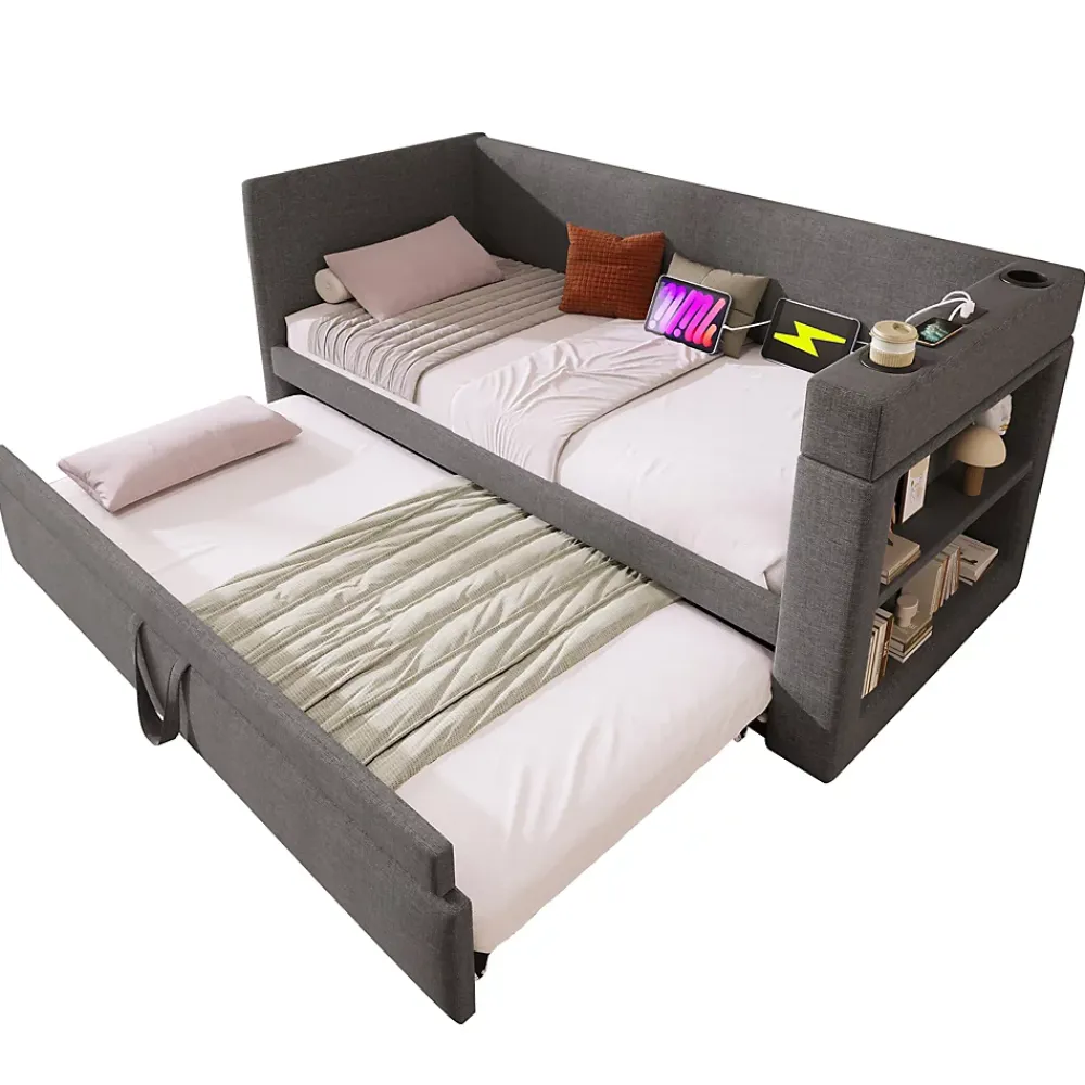 Okwish Lit Gigogne 90x190 cm - Lit Enfant avec Ports USB et Type-C, Porte-Gobelet, sans Matelas, Tissu Lin, Gris* Lit Gigogne