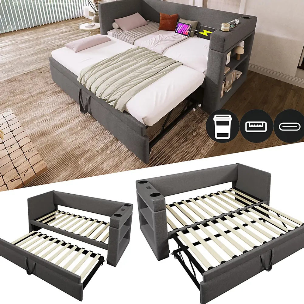 Okwish Lit Gigogne 90x190 cm - Lit Enfant avec Ports USB et Type-C, Porte-Gobelet, sans Matelas, Tissu Lin, Gris* Lit Gigogne