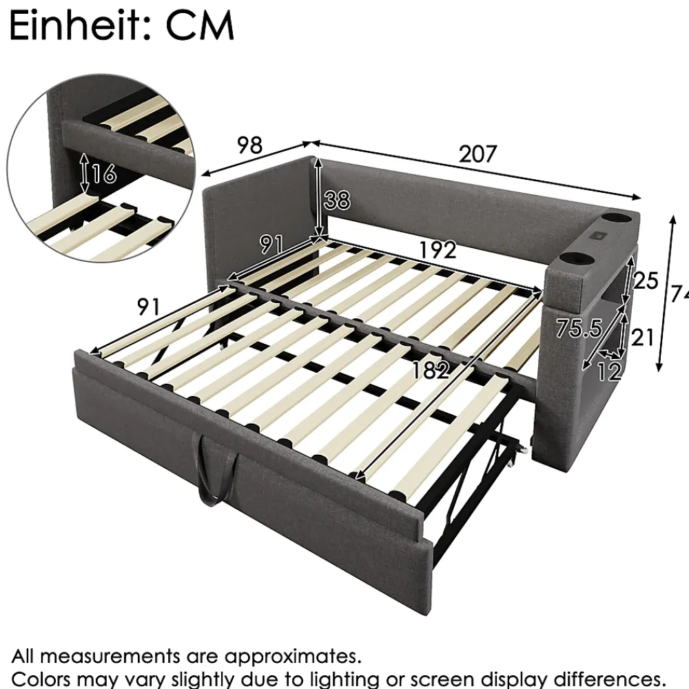 Okwish Lit Gigogne 90x190 cm - Lit Enfant avec Ports USB et Type-C, Porte-Gobelet, sans Matelas, Tissu Lin, Gris* Lit Gigogne