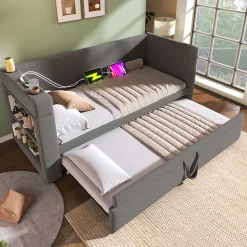 Okwish Lit Gigogne 90x190 cm - Lit Enfant avec Ports USB et Type-C, Porte-Gobelet, sans Matelas, Tissu Lin, Gris* Lit Gigogne