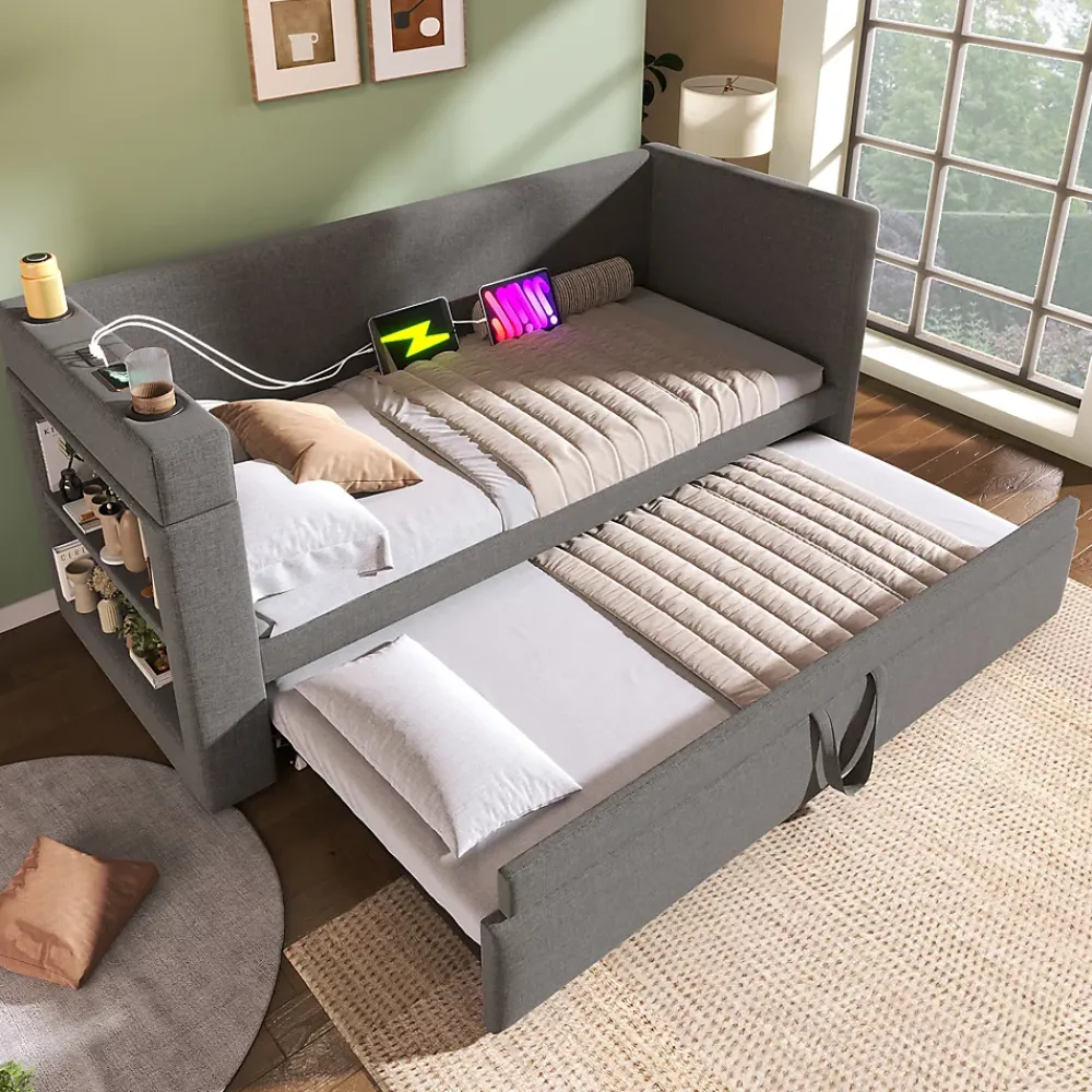 Okwish Lit Gigogne 90x190 cm - Lit Enfant avec Ports USB et Type-C, Porte-Gobelet, sans Matelas, Tissu Lin, Gris* Lit Gigogne