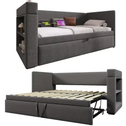 Okwish Lit Gigogne 90x190 cm - Lit Enfant avec Ports USB et Type-C, Porte-Gobelet, sans Matelas, Tissu Lin, Gris* Lit Gigogne