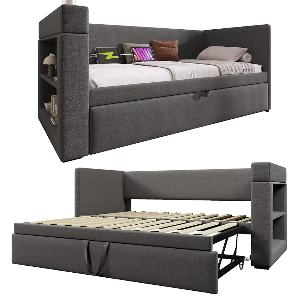 Okwish Lit Gigogne 90x190 cm - Lit Enfant avec Ports USB et Type-C, Porte-Gobelet, sans Matelas, Tissu Lin, Gris* Lit Gigogne
