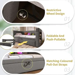 Okwish Lit Gigogne 90x190 cm - Lit Enfant avec Ports USB et Type-C, Porte-Gobelet, sans Matelas, Tissu Lin, Gris* Lit Gigogne