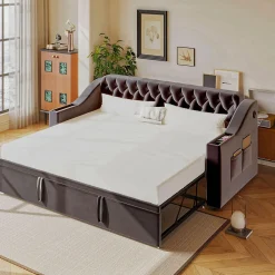 Lit Gigogne 90x190 cm - Lit Enfant en Velours avec Rangement et Port USB, Sommier à Lattes, Sans Matelas, Gris Foncé>Okwish Hot