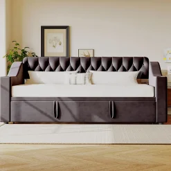 Lit Gigogne 90x190 cm - Lit Enfant en Velours avec Rangement et Port USB, Sommier à Lattes, Sans Matelas, Gris Foncé>Okwish Hot