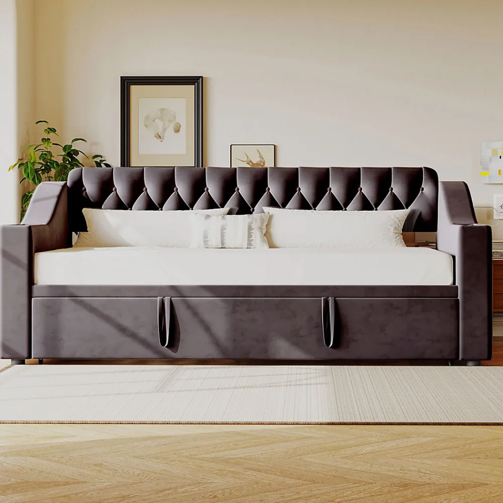 Lit Gigogne 90x190 cm - Lit Enfant en Velours avec Rangement et Port USB, Sommier à Lattes, Sans Matelas, Gris Foncé>Okwish Hot
