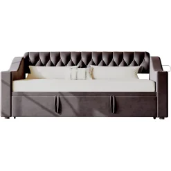 Lit Gigogne 90x190 cm - Lit Enfant en Velours avec Rangement et Port USB, Sommier à Lattes, Sans Matelas, Gris Foncé><noscript><img width=