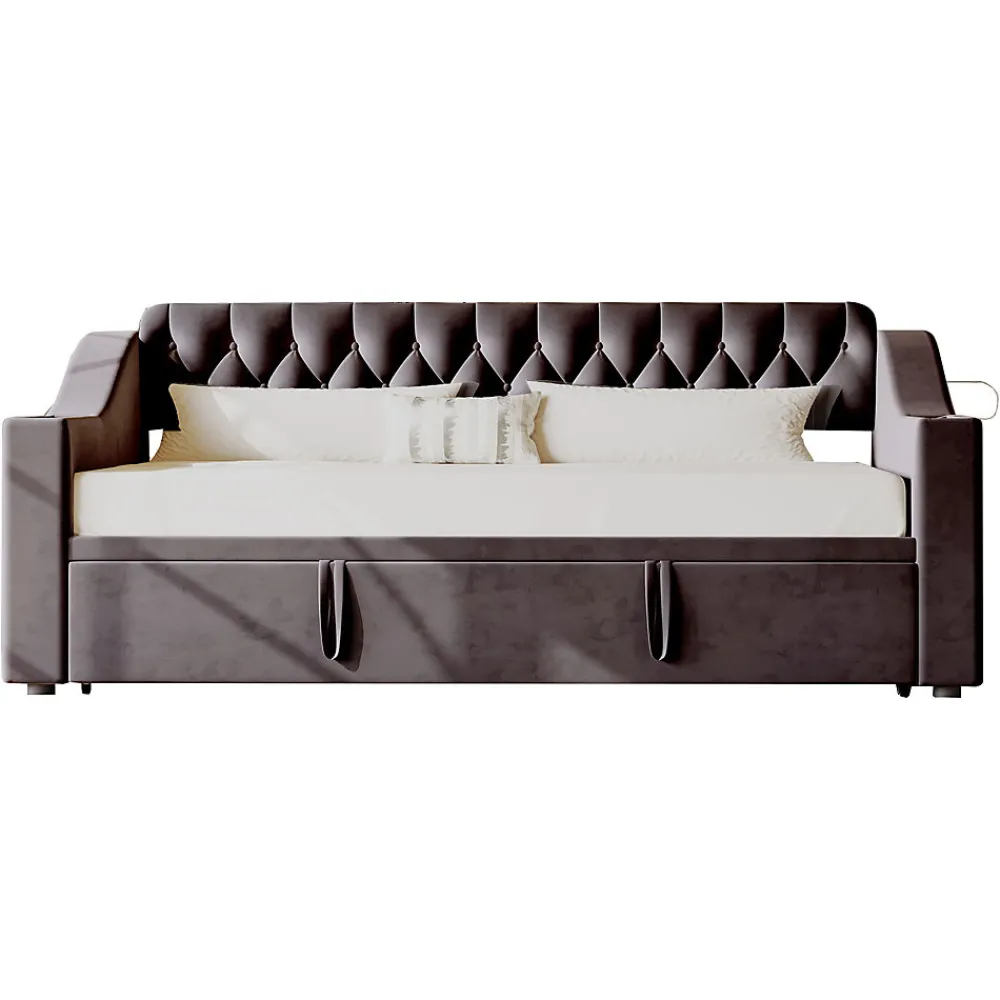 Lit Gigogne 90x190 cm - Lit Enfant en Velours avec Rangement et Port USB, Sommier à Lattes, Sans Matelas, Gris Foncé>Okwish Hot