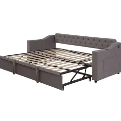 Lit Gigogne 90x190 cm - Lit Enfant en Velours avec Rangement et Port USB, Sommier à Lattes, Sans Matelas, Gris Foncé><noscript><img width=