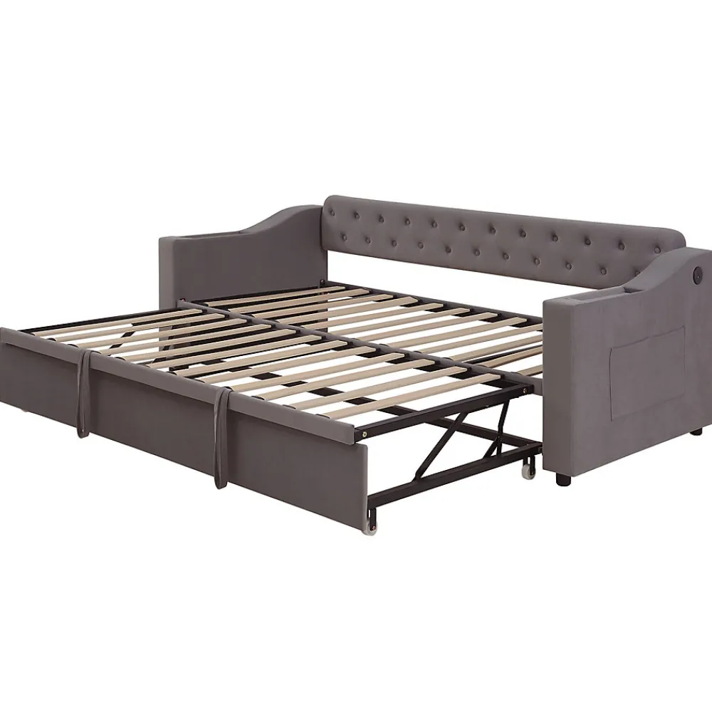 Lit Gigogne 90x190 cm - Lit Enfant en Velours avec Rangement et Port USB, Sommier à Lattes, Sans Matelas, Gris Foncé>Okwish Hot