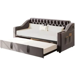 Lit Gigogne 90x190 cm - Lit Enfant en Velours avec Rangement et Port USB, Sommier à Lattes, Sans Matelas, Gris Foncé><noscript><img width=