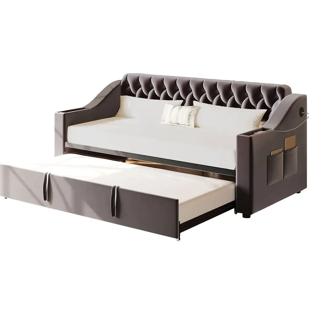 Lit Gigogne 90x190 cm - Lit Enfant en Velours avec Rangement et Port USB, Sommier à Lattes, Sans Matelas, Gris Foncé>Okwish Hot