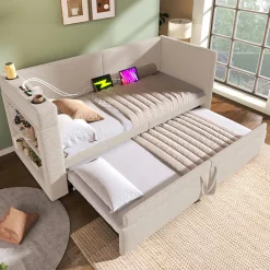 Lit Gigogne 90x200 cm - Lit Enfant avec Ports USB et Type-C, Porte-Gobelet, sans Matelas, Tissu Lin, Beige>Okwish Hot