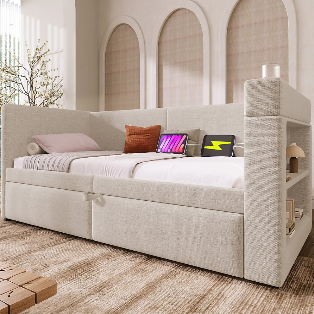 Lit Gigogne 90x200 cm - Lit Enfant avec Ports USB et Type-C, Porte-Gobelet, sans Matelas, Tissu Lin, Beige>Okwish Hot