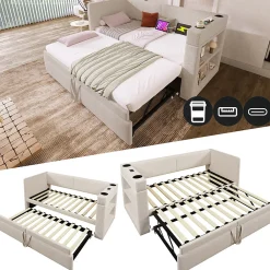 Lit Gigogne 90x200 cm - Lit Enfant avec Ports USB et Type-C, Porte-Gobelet, sans Matelas, Tissu Lin, Beige><noscript><img width=