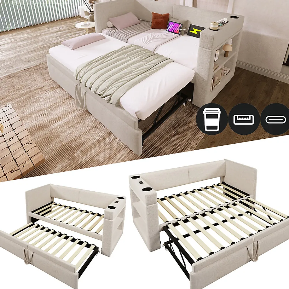 Lit Gigogne 90x200 cm - Lit Enfant avec Ports USB et Type-C, Porte-Gobelet, sans Matelas, Tissu Lin, Beige>Okwish Hot
