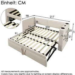 Lit Gigogne 90x200 cm - Lit Enfant avec Ports USB et Type-C, Porte-Gobelet, sans Matelas, Tissu Lin, Beige><noscript><img width=