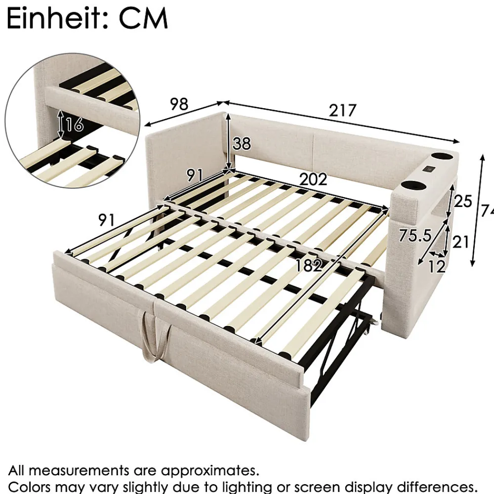 Lit Gigogne 90x200 cm - Lit Enfant avec Ports USB et Type-C, Porte-Gobelet, sans Matelas, Tissu Lin, Beige>Okwish Hot