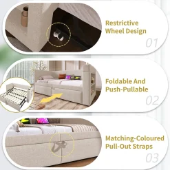 Lit Gigogne 90x200 cm - Lit Enfant avec Ports USB et Type-C, Porte-Gobelet, sans Matelas, Tissu Lin, Beige><noscript><img width=