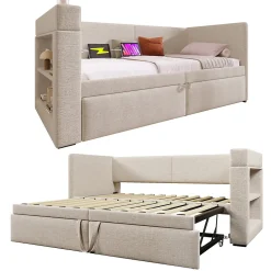 Lit Gigogne 90x200 cm - Lit Enfant avec Ports USB et Type-C, Porte-Gobelet, sans Matelas, Tissu Lin, Beige><noscript><img width=